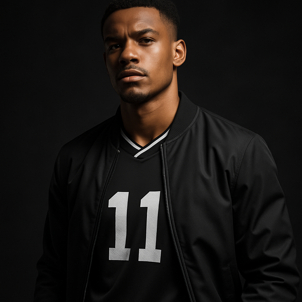 Stylish male model in a black football-inspired jersey layered with a bomber jacket