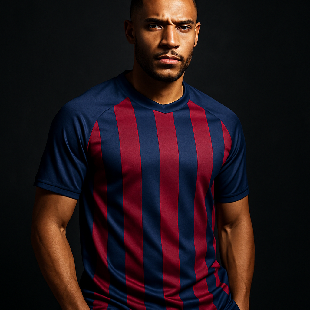 Stylish male model in a black football-inspired jersey layered with a bomber jacket