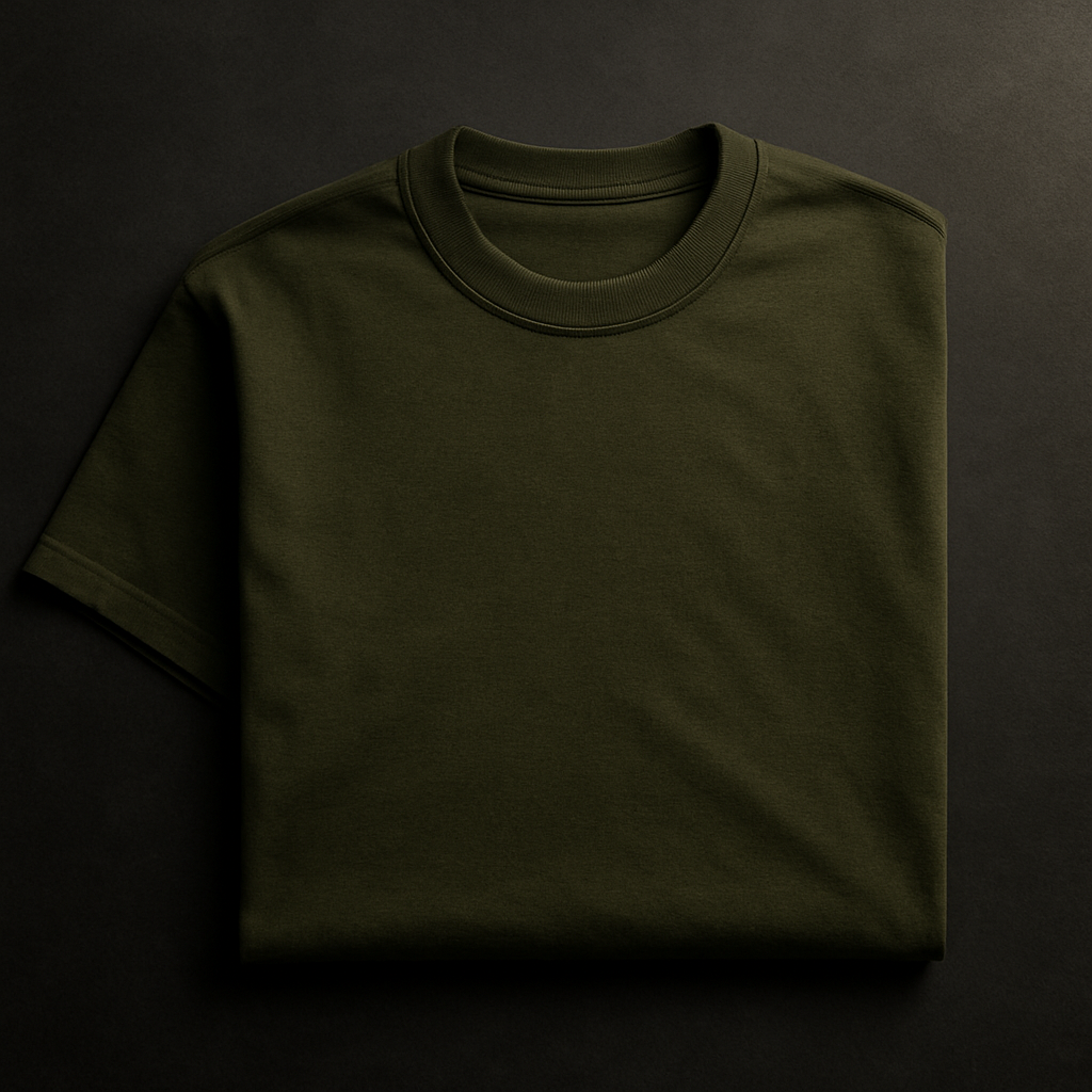 Oversized dark olive t-shirt folded with premium texture