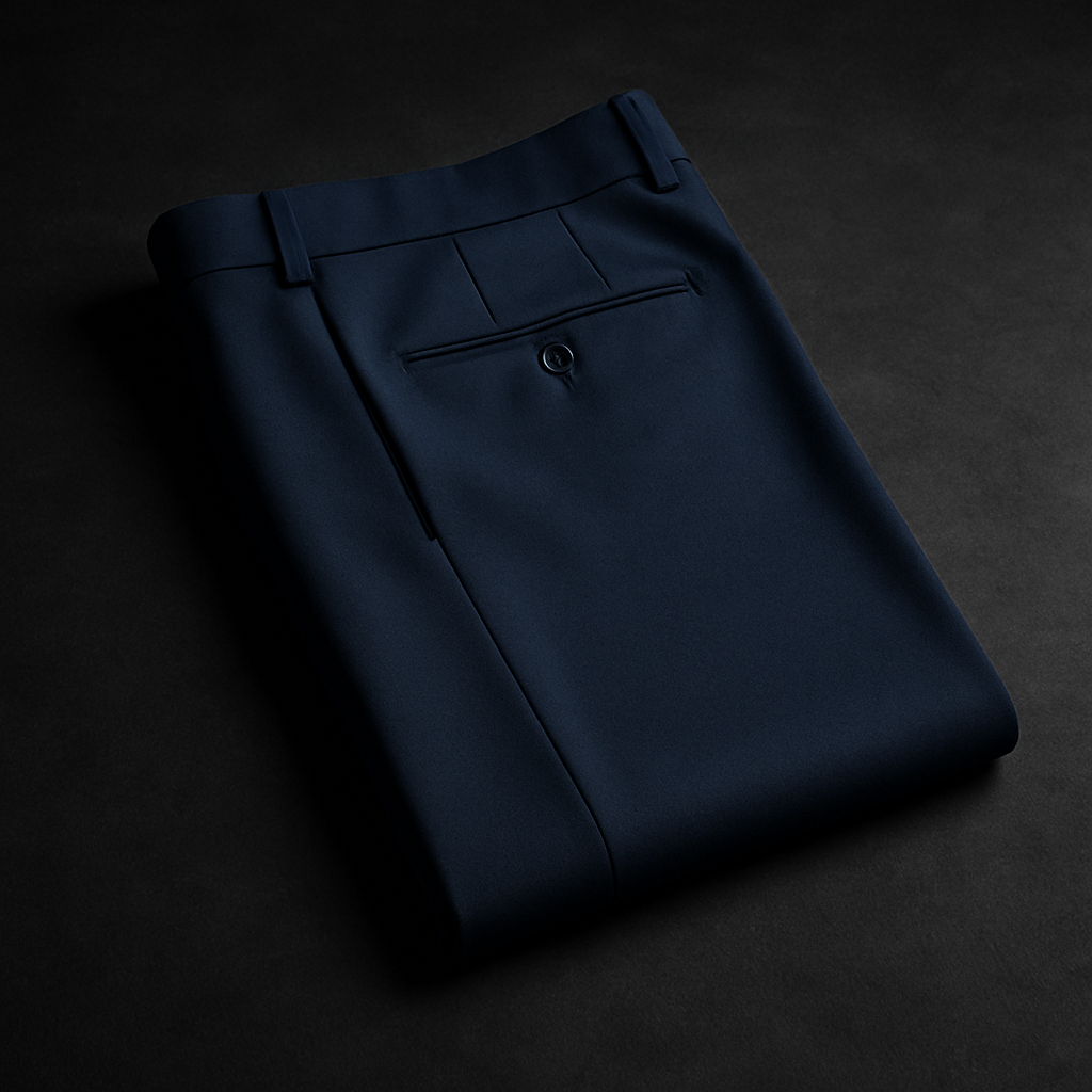 Tailored navy trousers with sharp crease on a studio backdrop