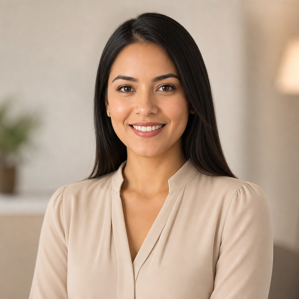 Retrato profesional de una mujer latina joven con cabello oscuro y blusa beige