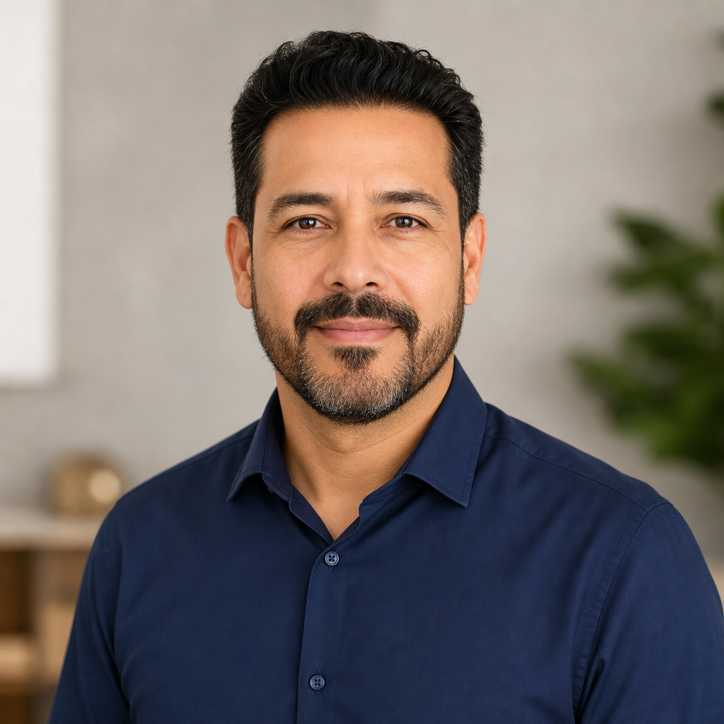 Retrato profesional de un hombre latino de mediana edad con barba corta y camisa azul