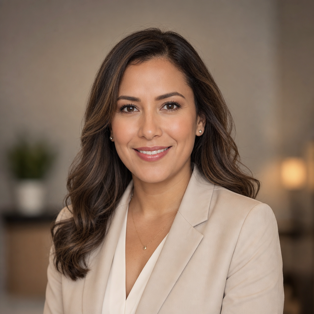 Retrato profesional de una mujer latina adulta con cabello castaño y blazer claro