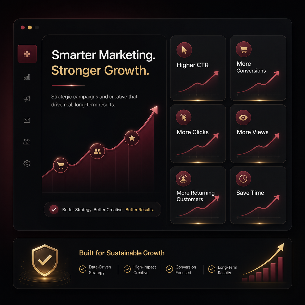 Dark ecommerce growth dashboard showing revenue curve, ad performance cards, and email automation metrics