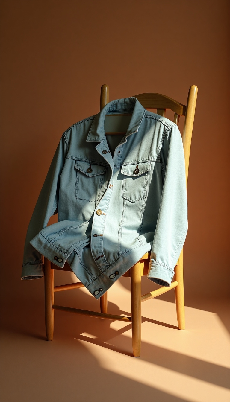 Warm film-style photo of a vintage light-wash denim jacket draped over a wooden chair with sunlit folds and soft grain