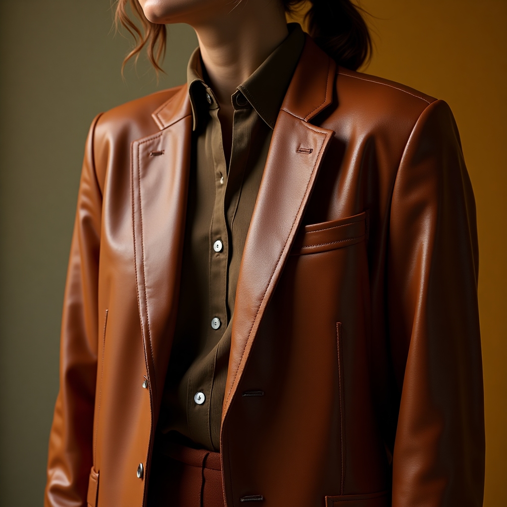 Close-up film-inspired image of a deep brown vintage leather blazer with subtle sheen and tailored lapels