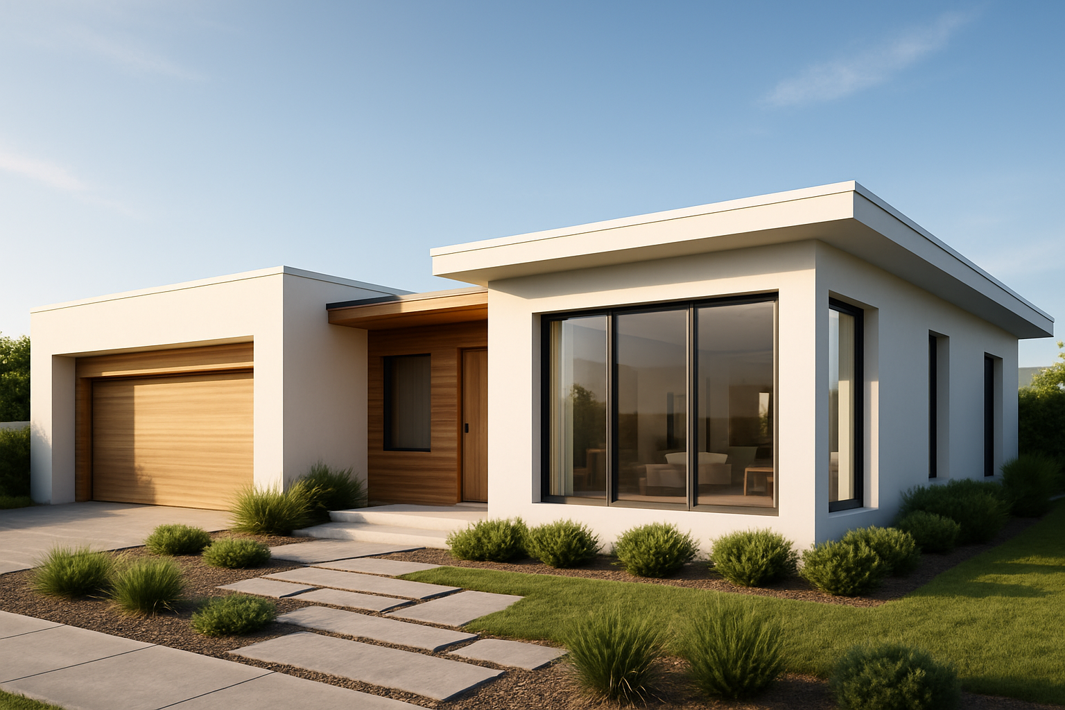 Photorealistic 3D rendering of a modern single-story home in a coastal setting, with clean lines, white and warm wood facades, large windows, and landscaped front yard