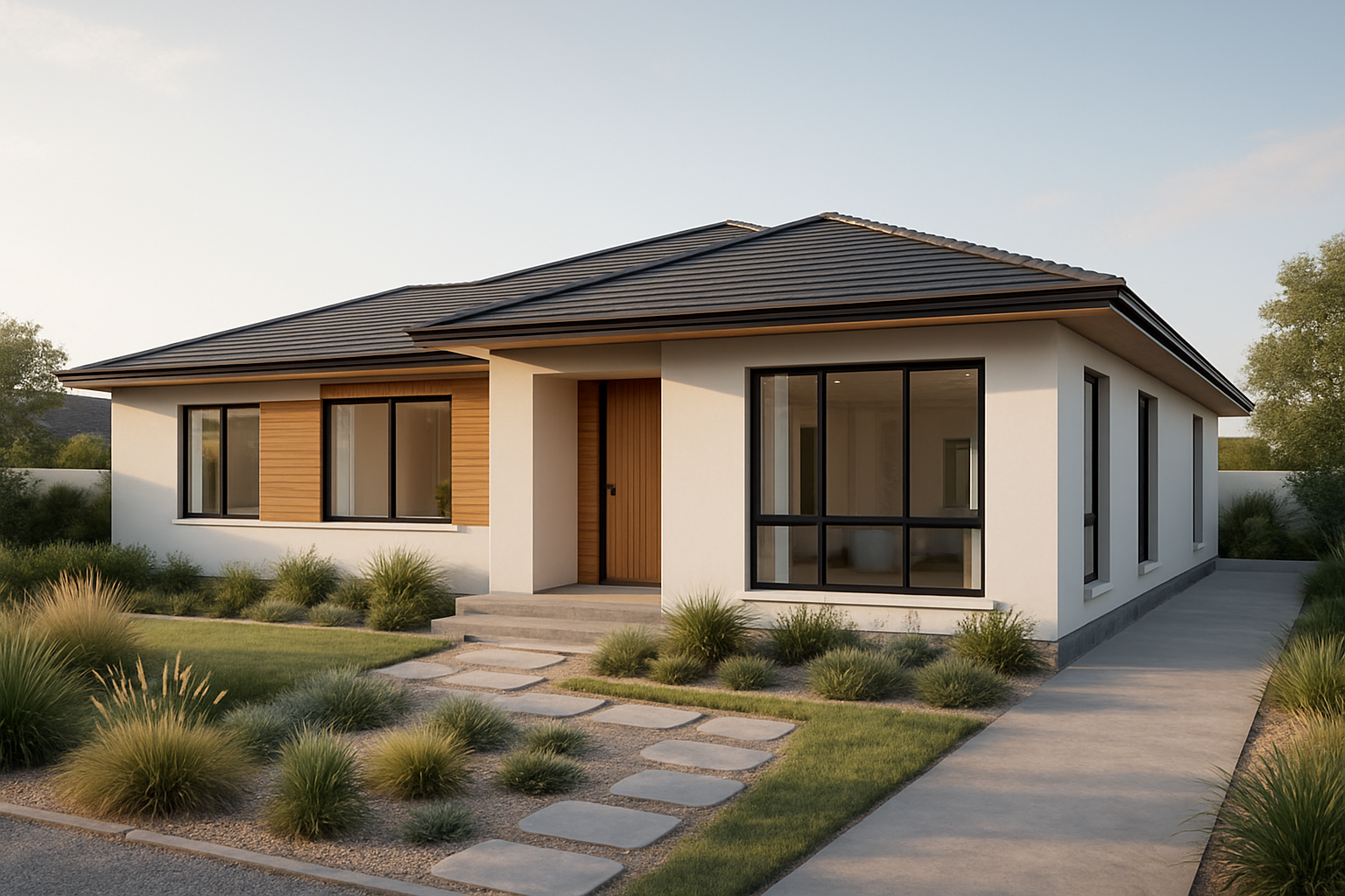 Wide-angle 3D rendering of a modern single-story coastal home with clean lines, white plaster walls, warm timber accents, and a landscaped front yard under soft morning light