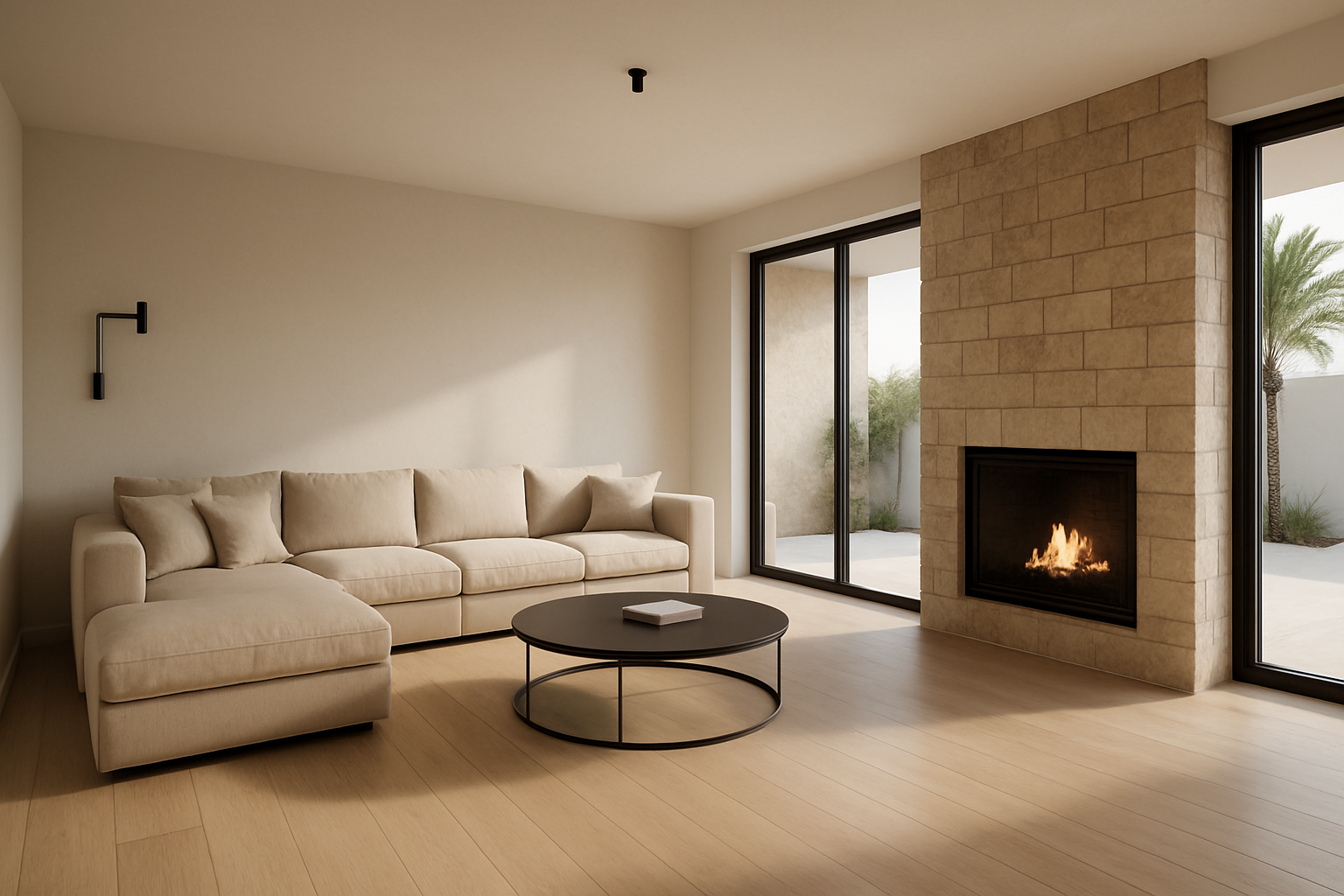 3D interior rendering of an open-plan living room with light oak flooring, neutral sofas, a stone feature wall, and large glass doors opening to a patio