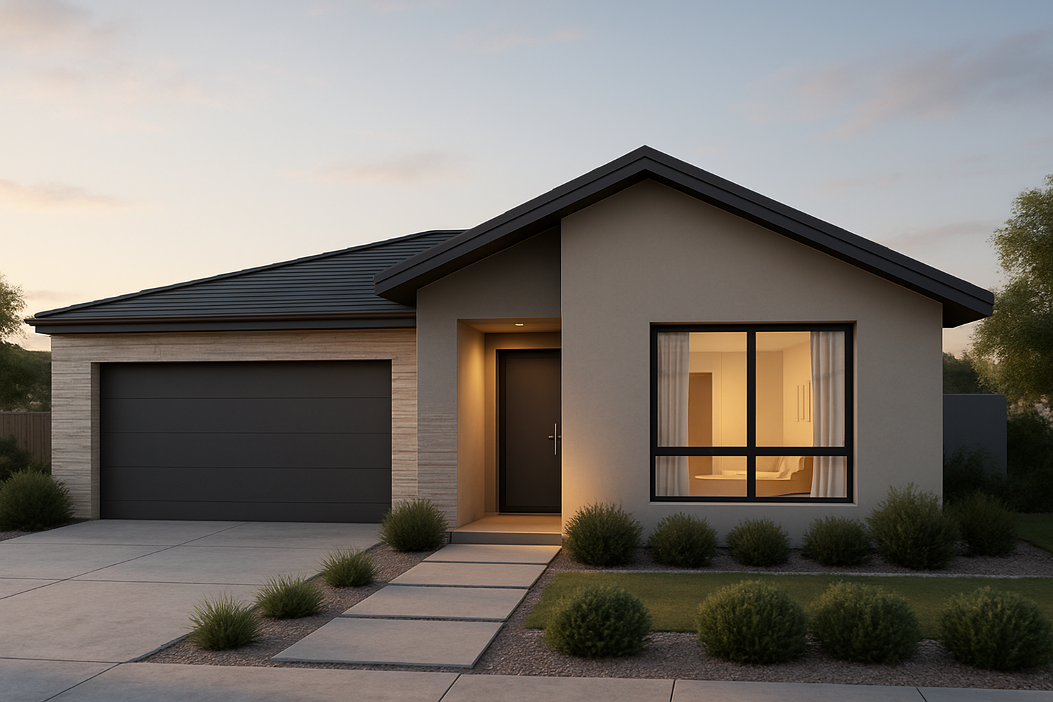 Clean modern single-story home exterior rendering with soft evening light, light stone and charcoal facade, and minimal landscaping