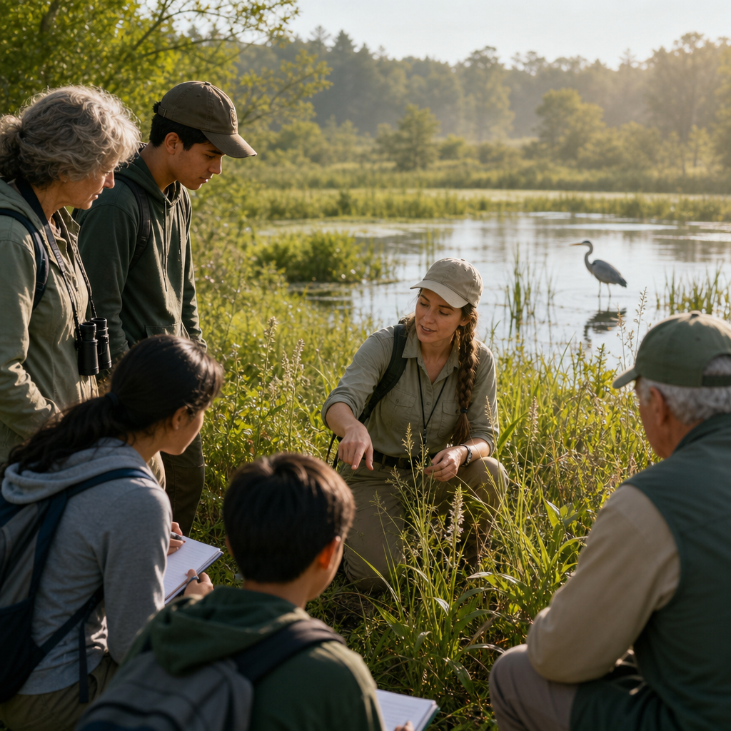 Small group of diverse volunteers observing native wetland plants and birds with a field educator during a calm morning
