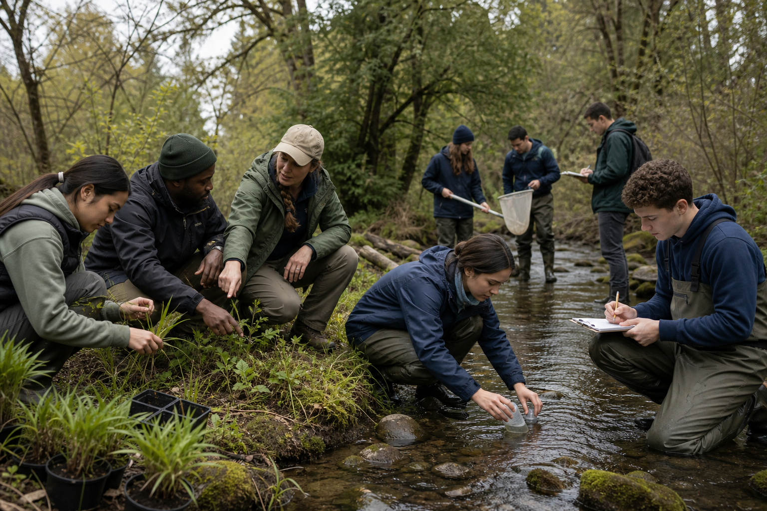 Community volunteers and students collecting stream habitat data along a wooded riverbank during a guided field activity