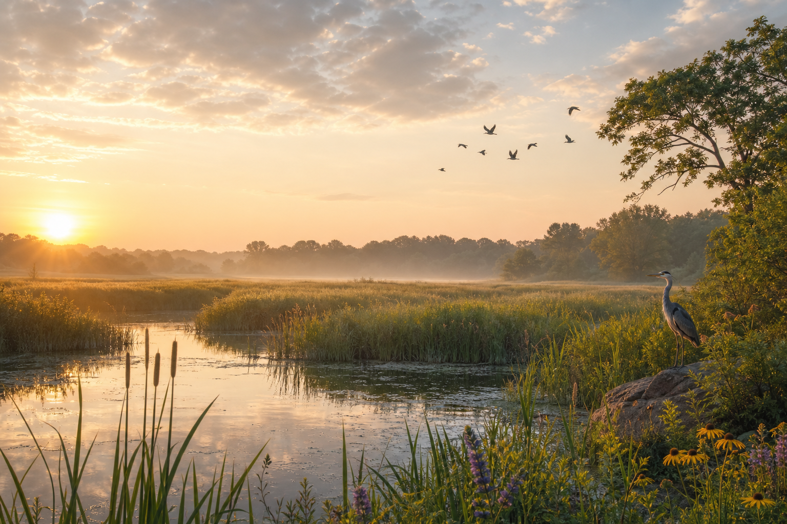 Welcoming habitat landscape with wildlife at sunrise