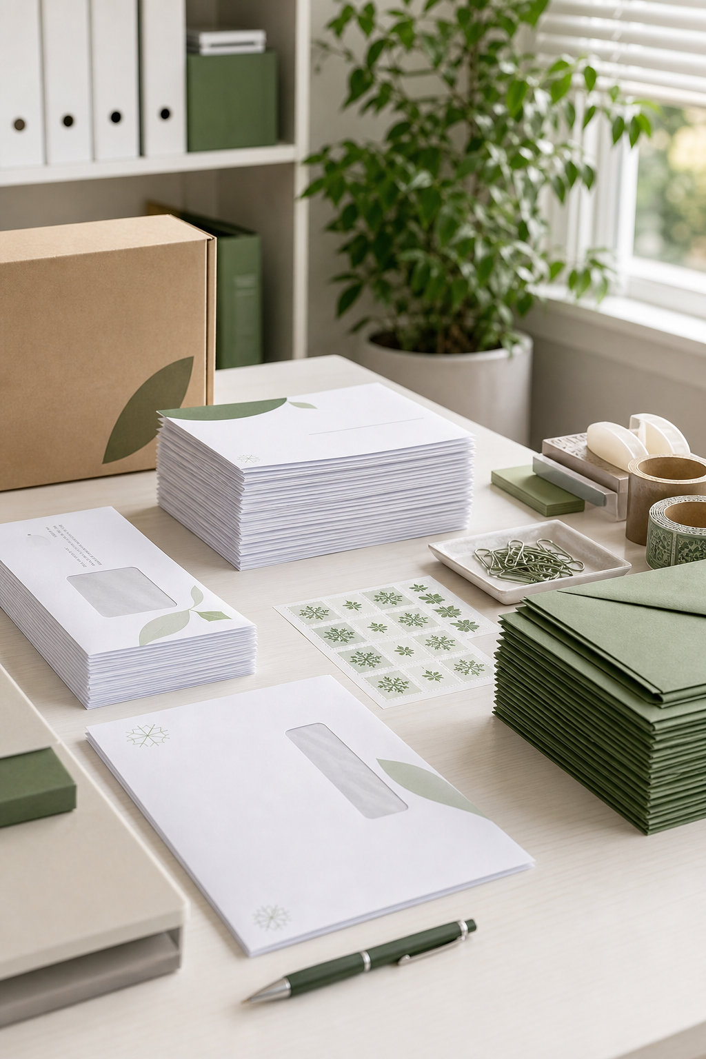 Documents d’entreprise triés, enveloppes adressées et matériel postal organisés sur un bureau professionnel pour une expédition à grande échelle