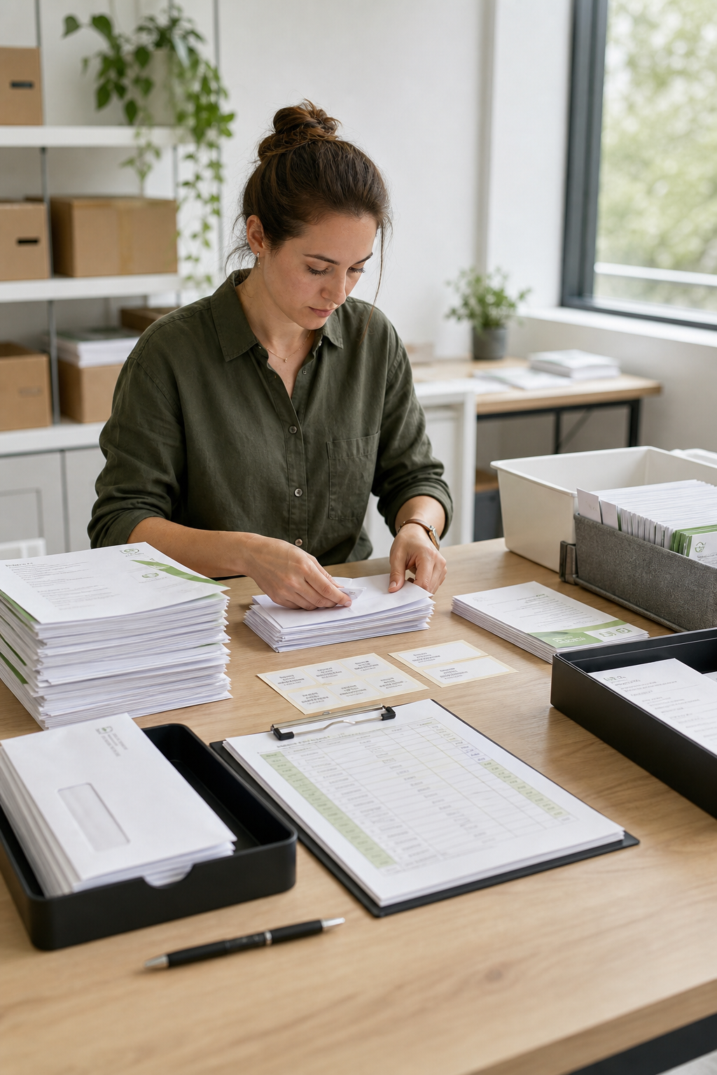 Operations specialist organizing printed business documents, addressed envelopes, and postage batches on a clean office worktable