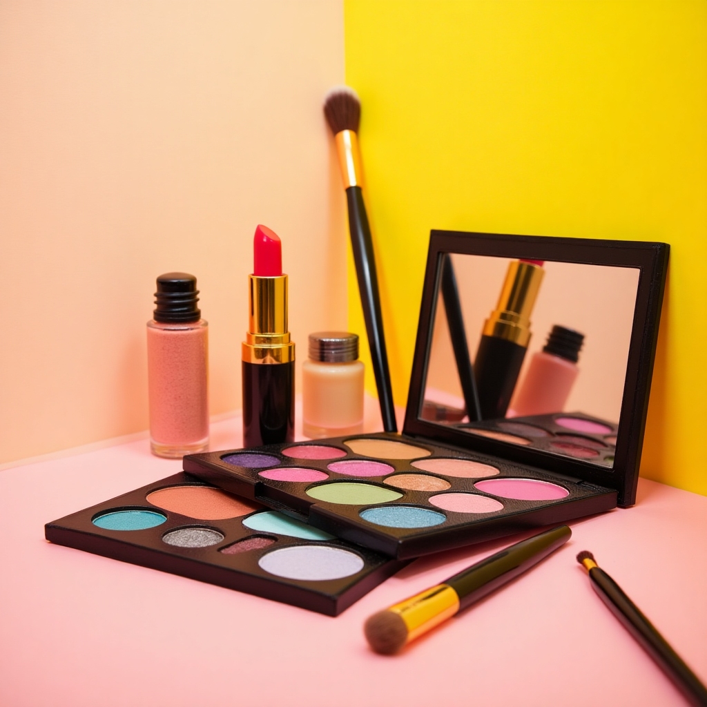 High-quality cosmetic products: lipstick, palette, brushes arranged playfully