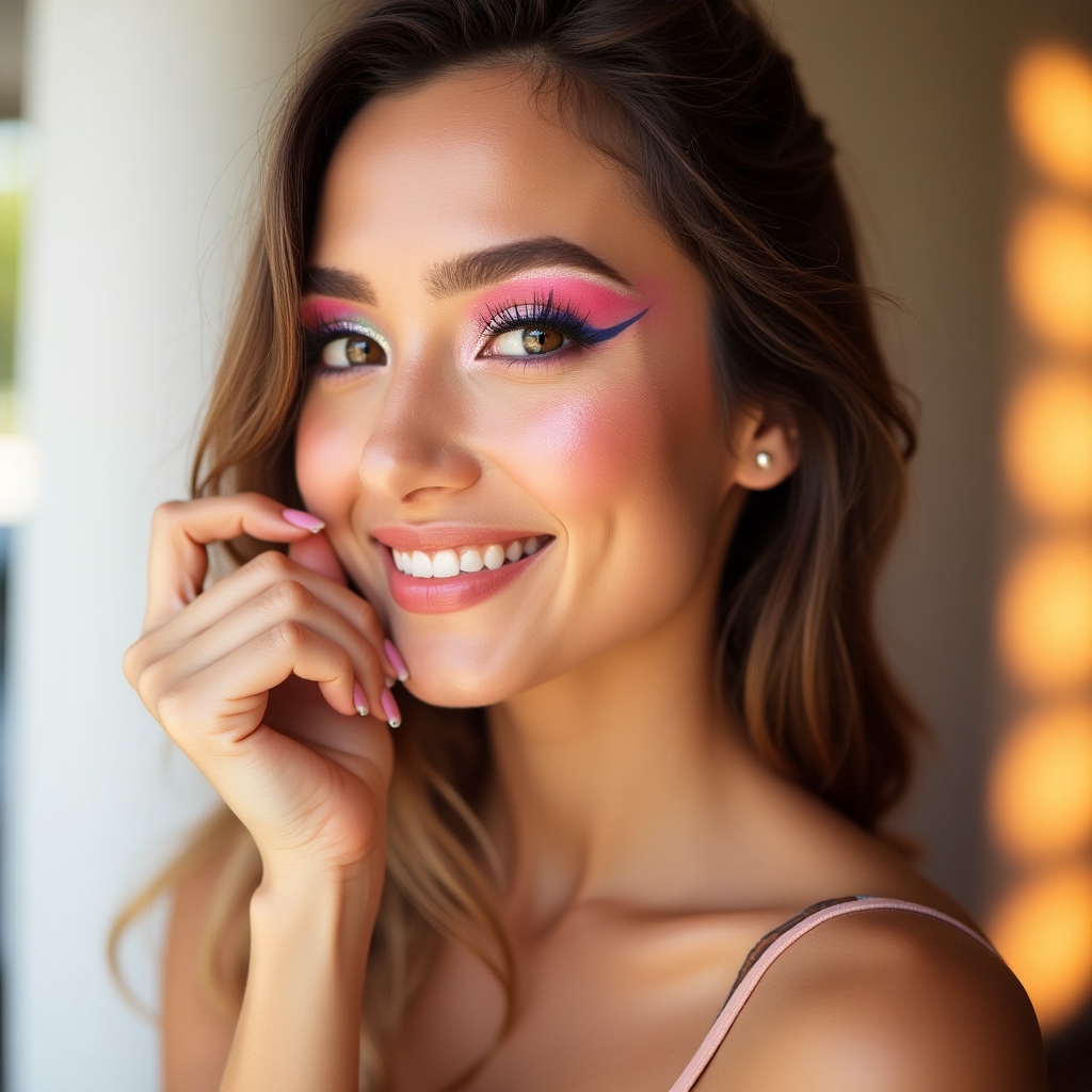 Customer Emma smiling with vibrant makeup