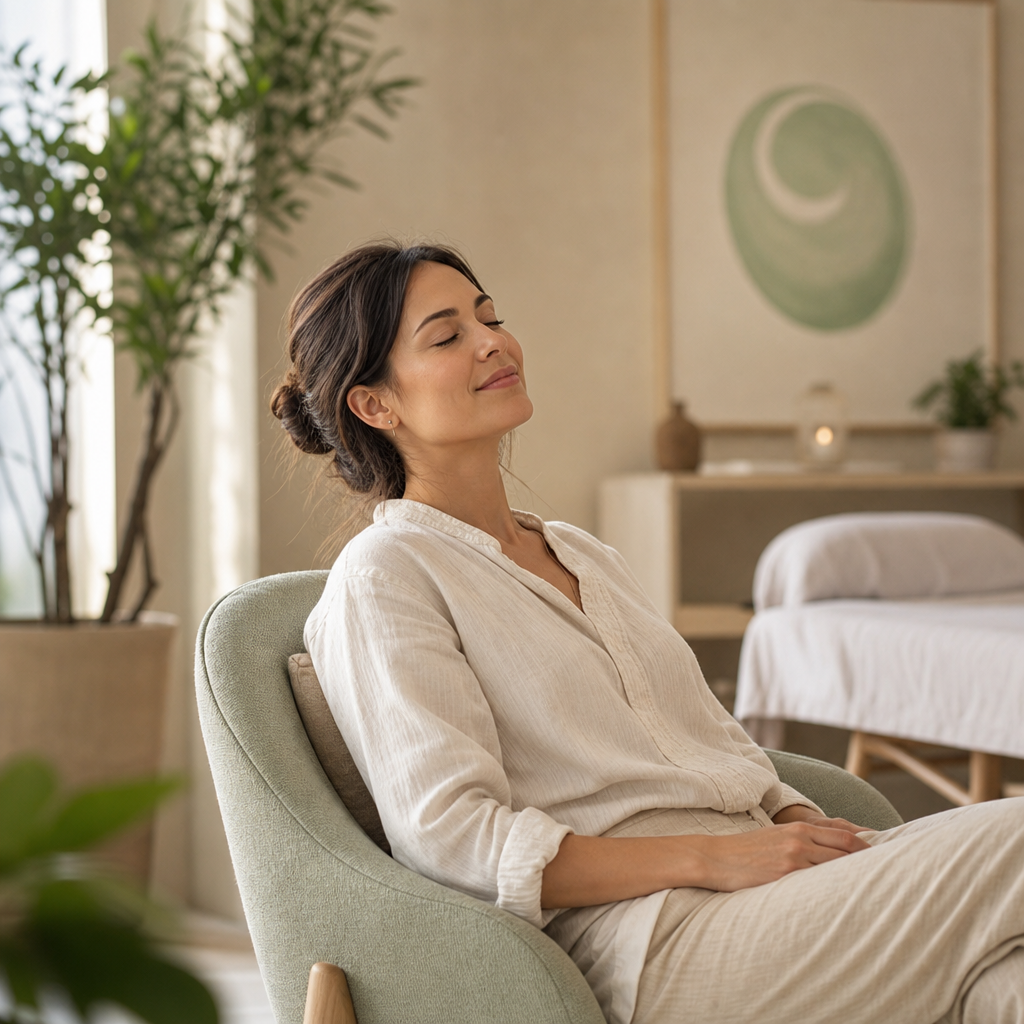 Adult client relaxing in a softly lit wellness studio with a calm, restorative atmosphere