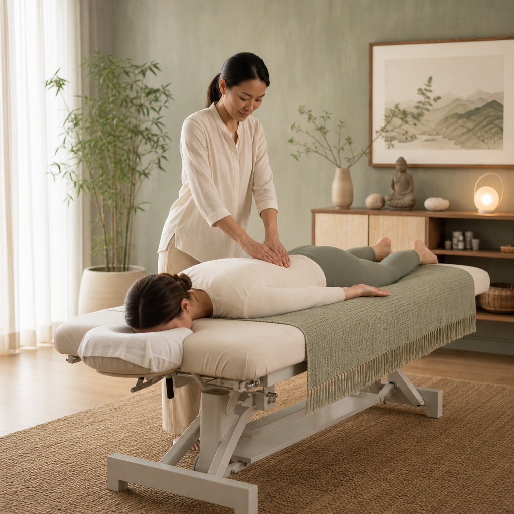 Practitioner guiding a calm spinal flow session with a client resting comfortably in a serene wellness studio