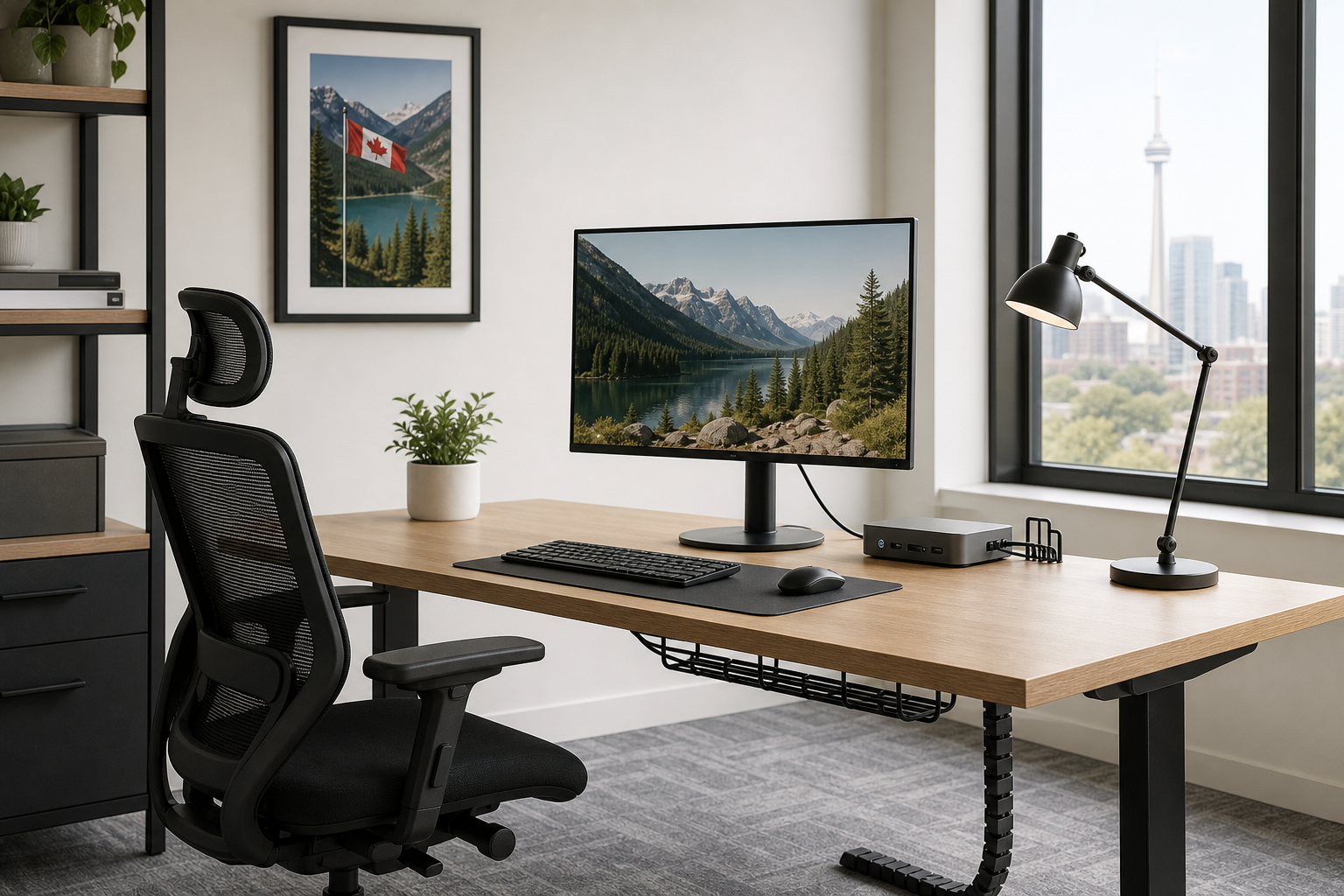 Clean modern workspace with ergonomic chair, wide desk, monitor, keyboard, desk lamp, and tidy cable management in a bright office