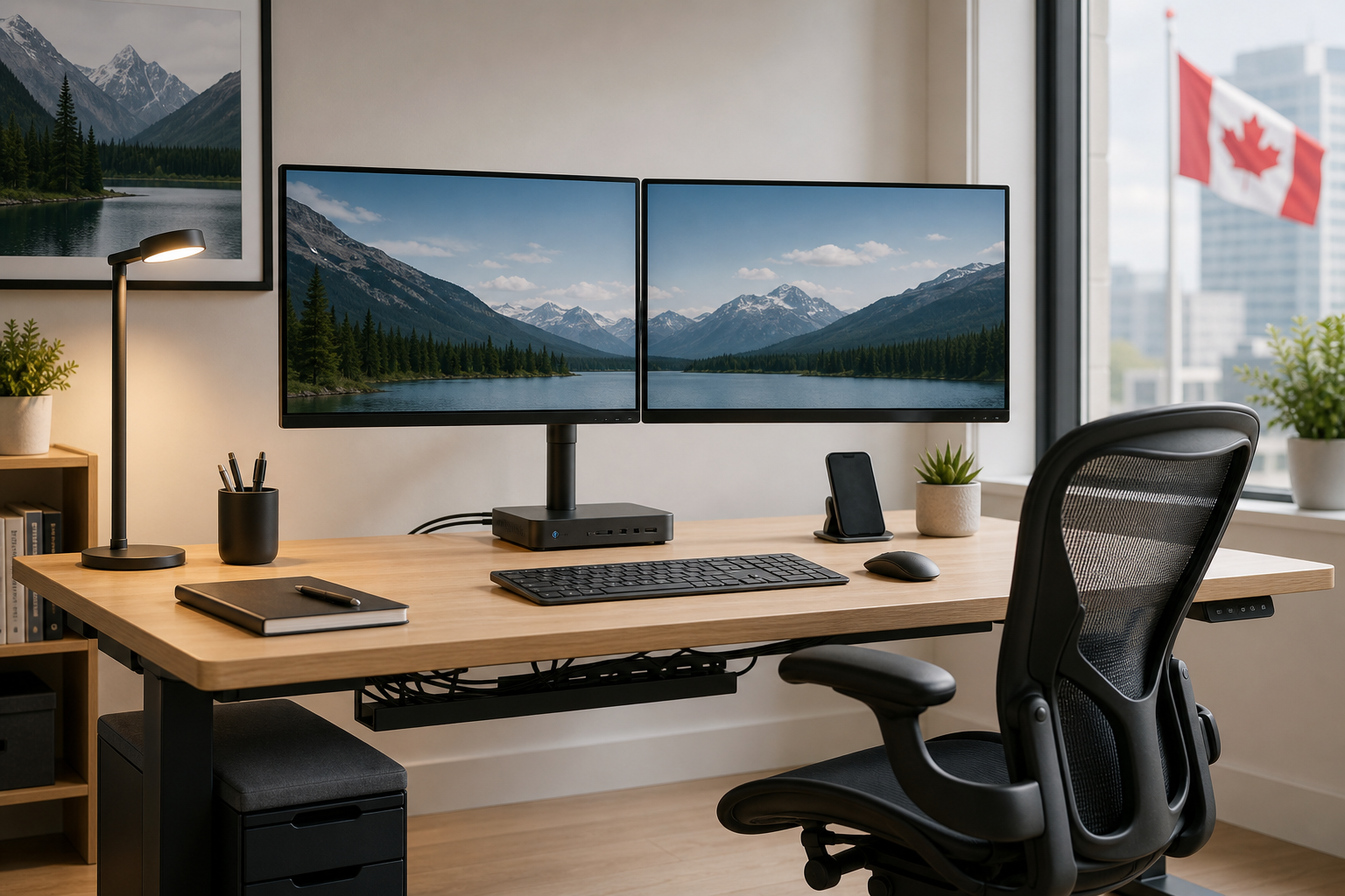 Clean modern office equipment setup with dual monitors, organized desk accessories, keyboard, docking station, task lamp, and ergonomic chair in a realistic professional workspace