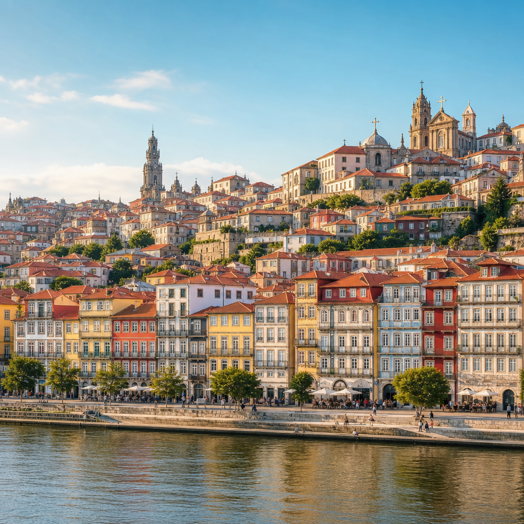 Modern Lisbon waterfront neighborhood with white and pastel apartment buildings, palm-lined promenade, and sunlight reflecting on the Tagus River