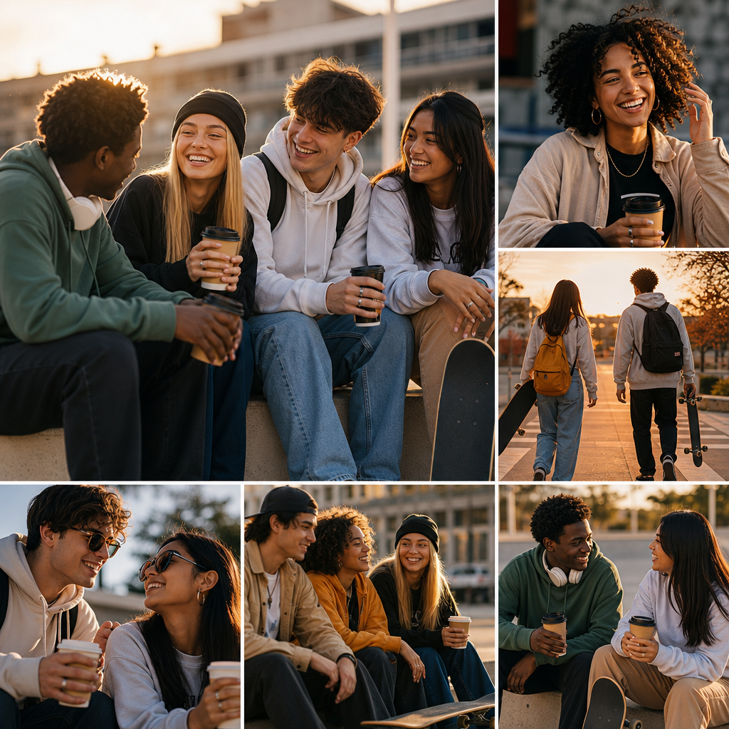 Photo story collage of friends at a casual outdoor hangout with coffee cups and skateboards