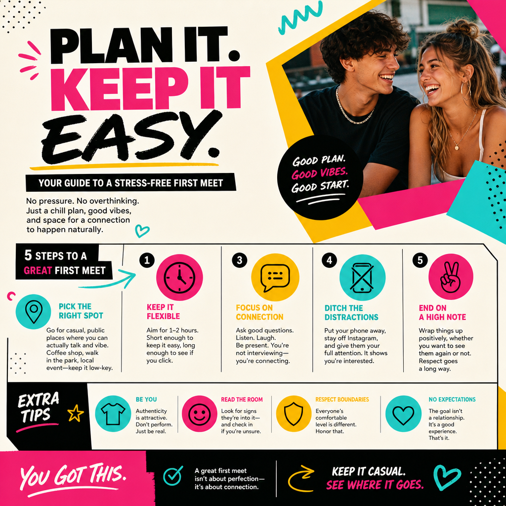 Bright infographic-style guide with bold shapes and text blocks about planning a casual first meet