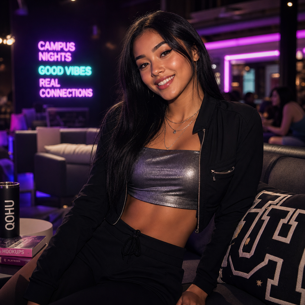 Stylish adult woman at a neon-lit lounge bar with city lights behind her