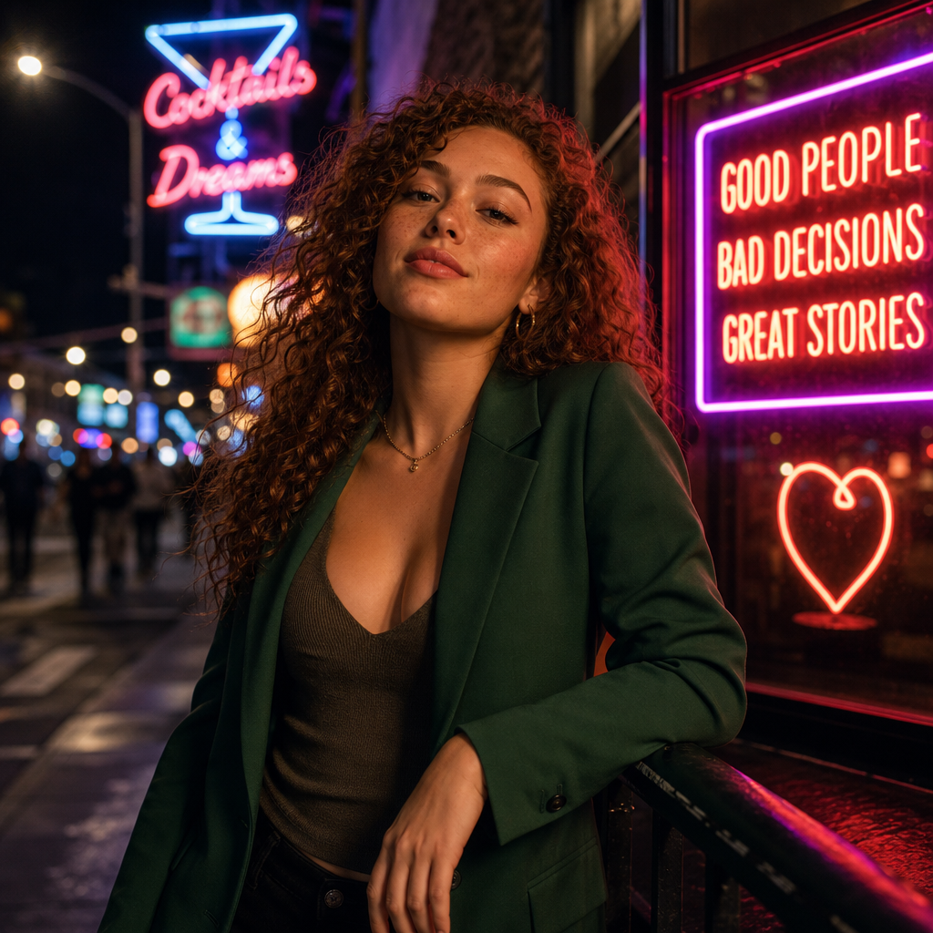 Trendy adult woman with curly hair in a glowing neon club corridor