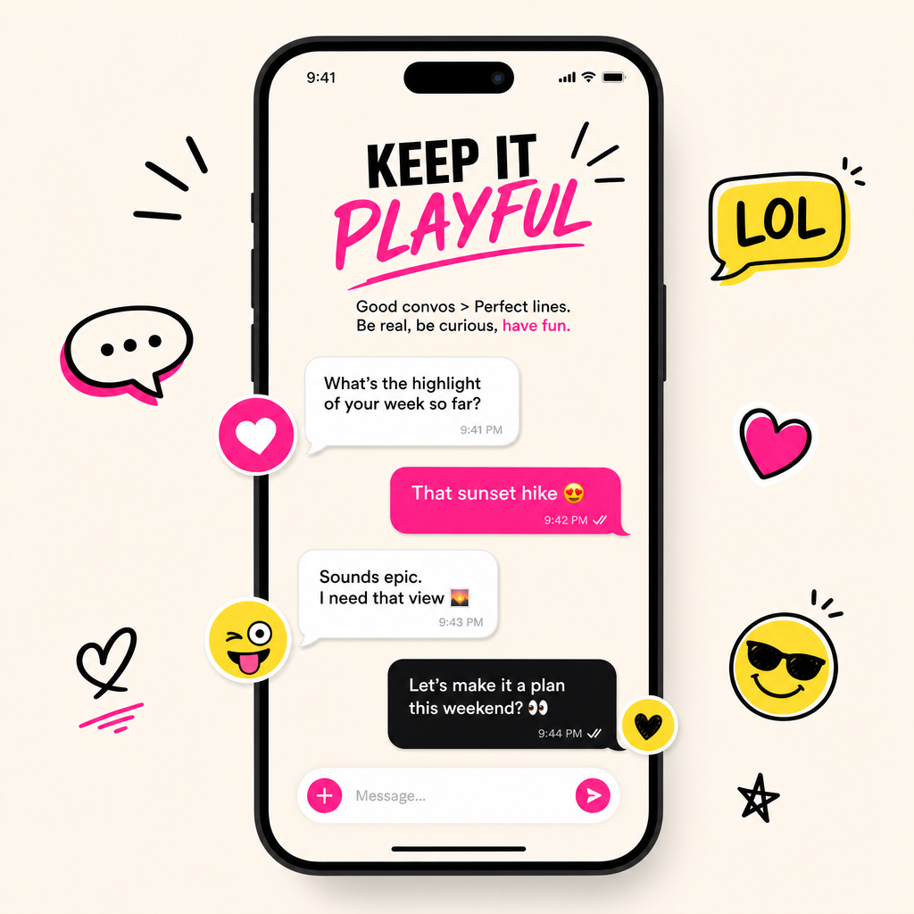 Minimalist phone screen illustration with chat bubbles and playful icons