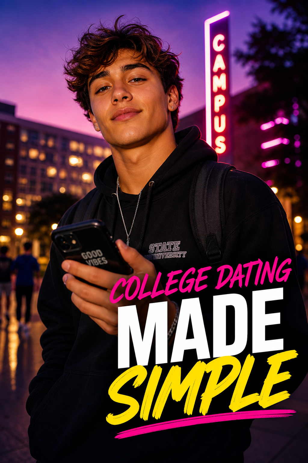 Vertical video still showing a stylish college student holding a phone with neon campus lights behind them