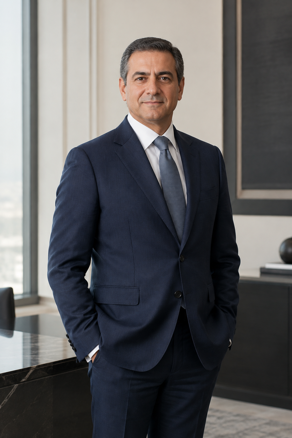 Formal editorial portrait of Haitham L. Husseiny in tailored navy business attire, standing in a refined corporate interior with soft directional lighting and composed expression