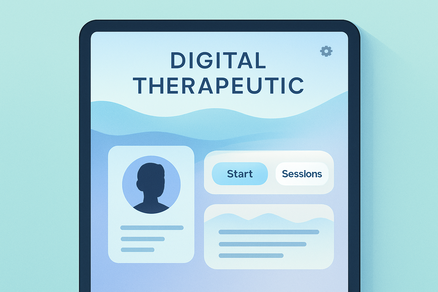 Calming digital therapeutic interface with soft gradient panels, gentle wave patterns, and inclusive avatars in a serene tech-forward layout