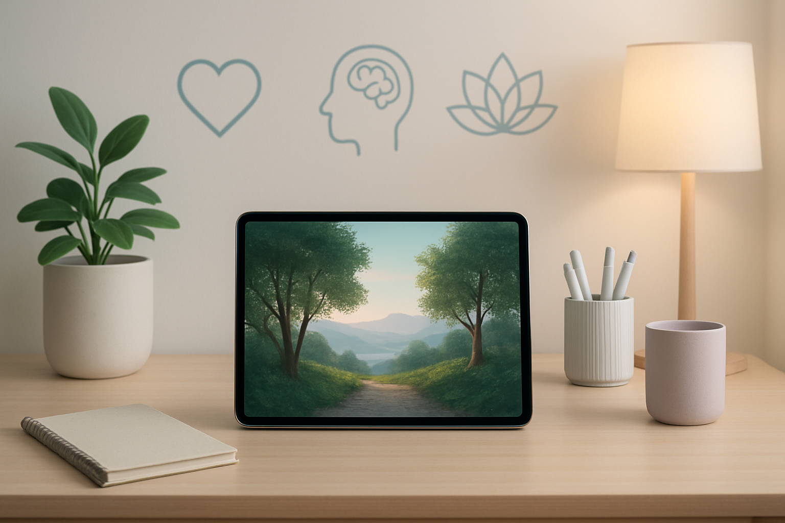 softly lit, modern clinic-style workspace with a tablet displaying a calming immersive therapy scene and gentle abstract wellness icons in the background