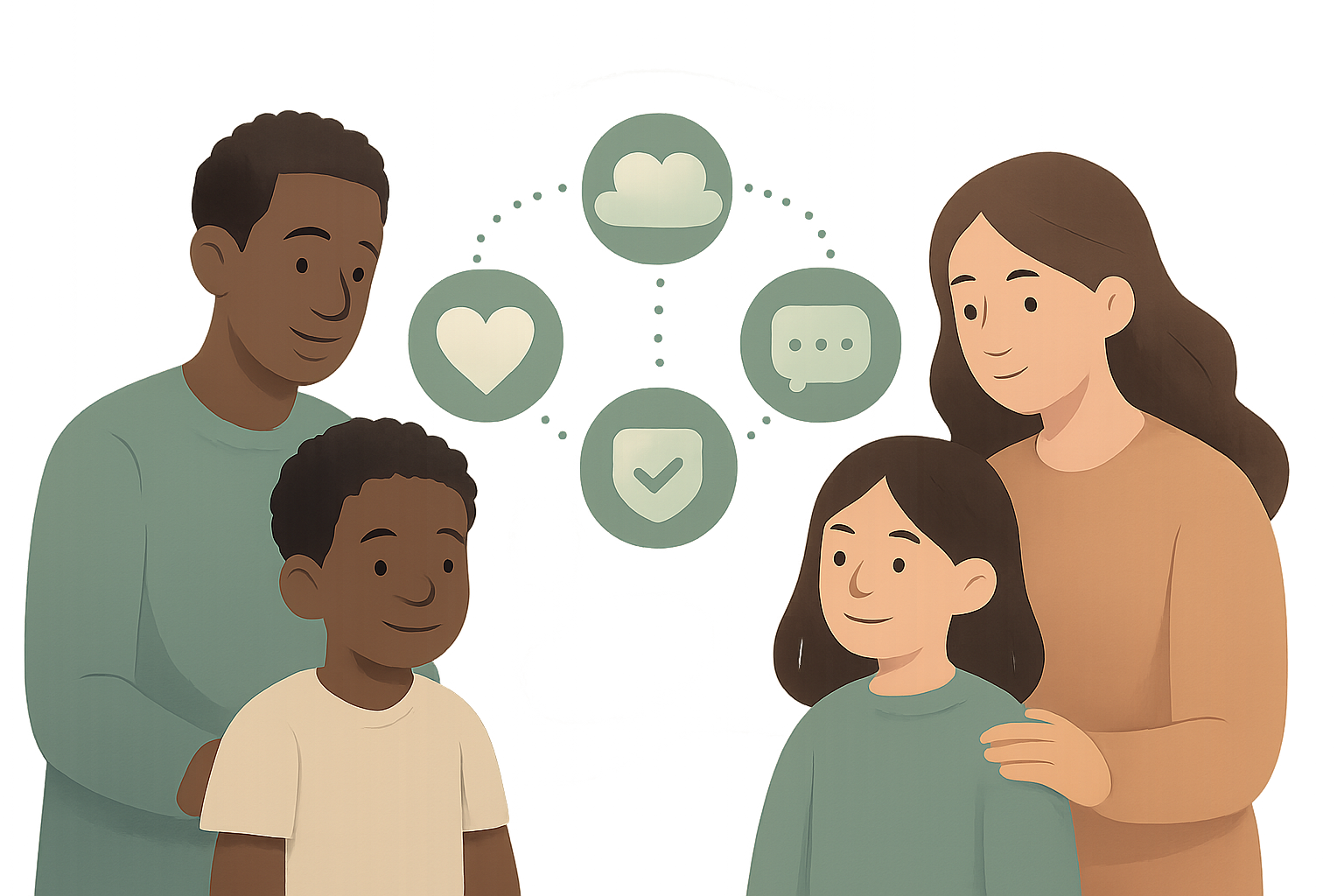 Illustration of diverse children and caregivers connected through gentle digital wellness icons in a calm, modern style