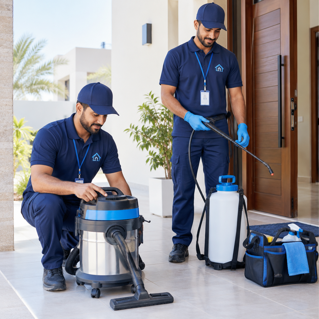 Two professional cleaners in navy uniforms preparing equipment in a bright Omani home entrance