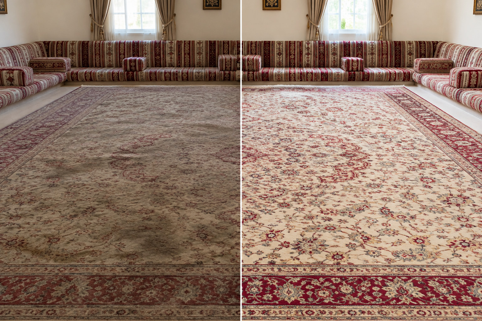 Split-screen before-and-after of a majlis carpet: left side shows dull, stained fibers; right side shows freshly cleaned, brighter carpet texture with neat alignment.