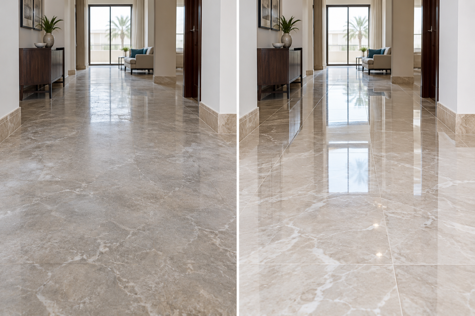 Comparative marble floor scene: left side appears cloudy and worn; right side shows polished marble with clearer reflection and cleaner grout lines.