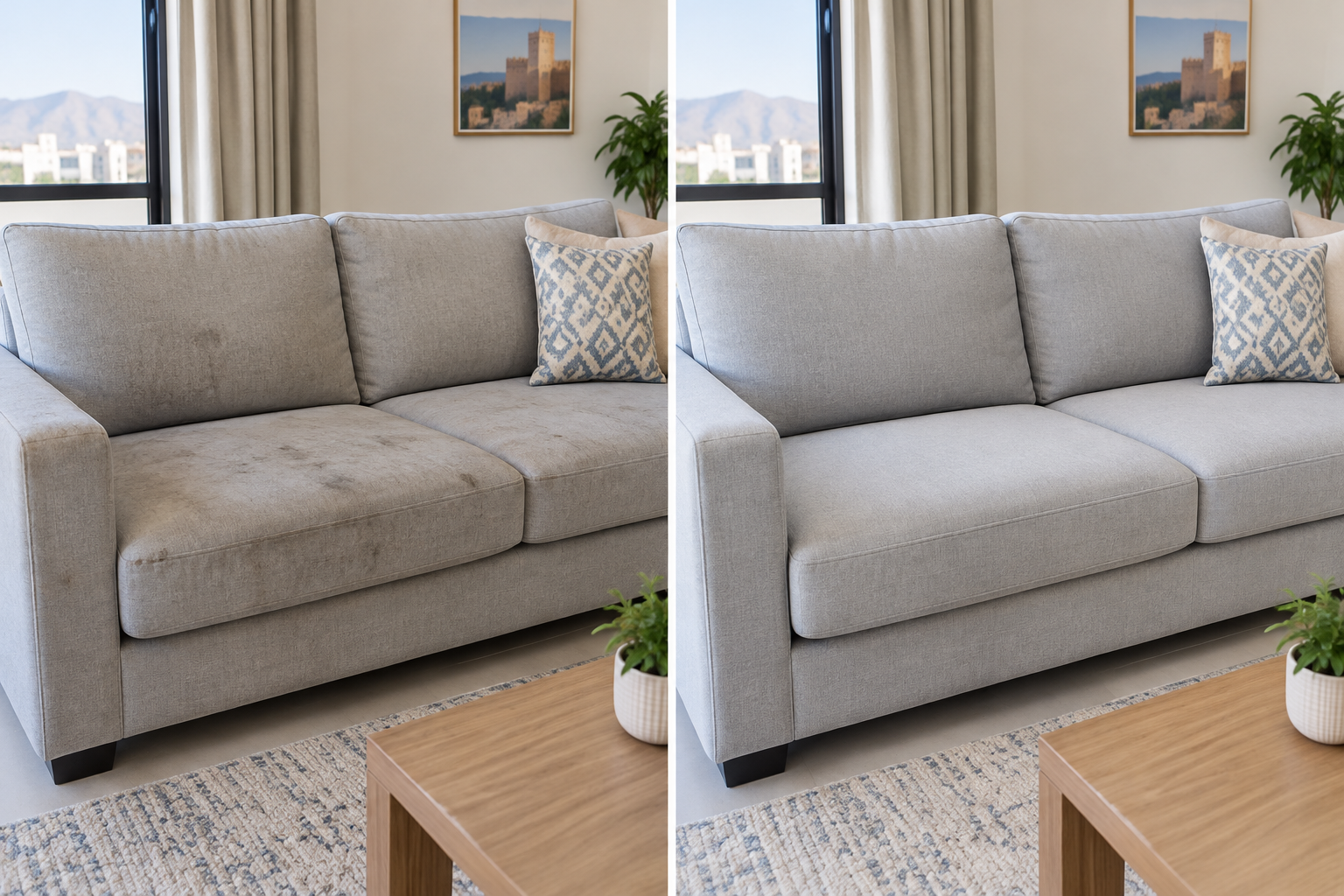 Side-by-side before-and-after home seating: left side shows dusty fabric sofa with visible marks; right side shows cleaner, brighter upholstery and tidier cushions.