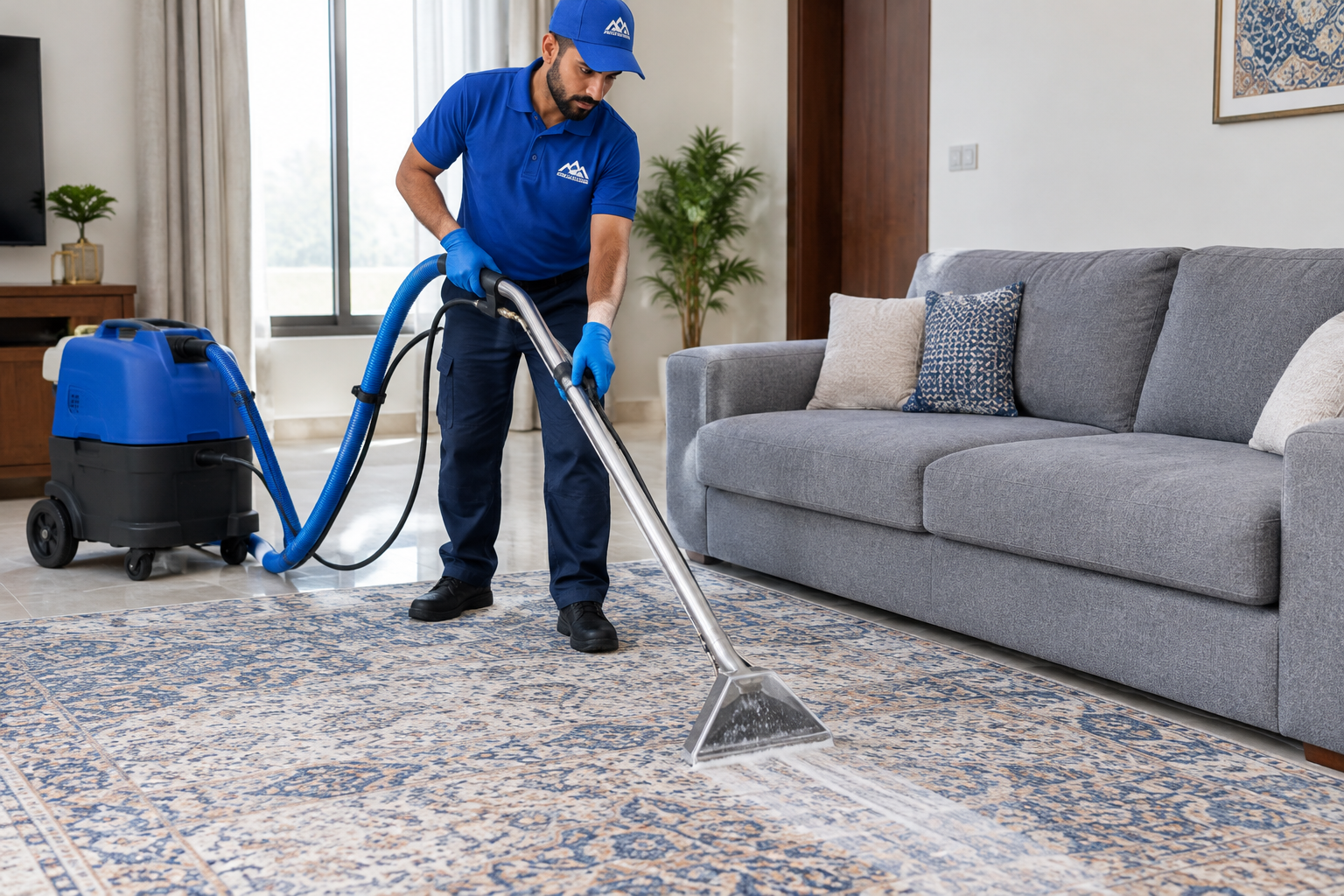 Cleaning specialist performing deep extraction on a patterned carpet beside a gray fabric sofa in a family living room