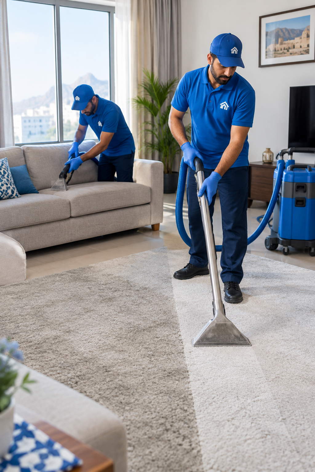 Professional local cleaning team in Oman performing a before-and-after style deep clean in a bright living space with carpet and sofa equipment