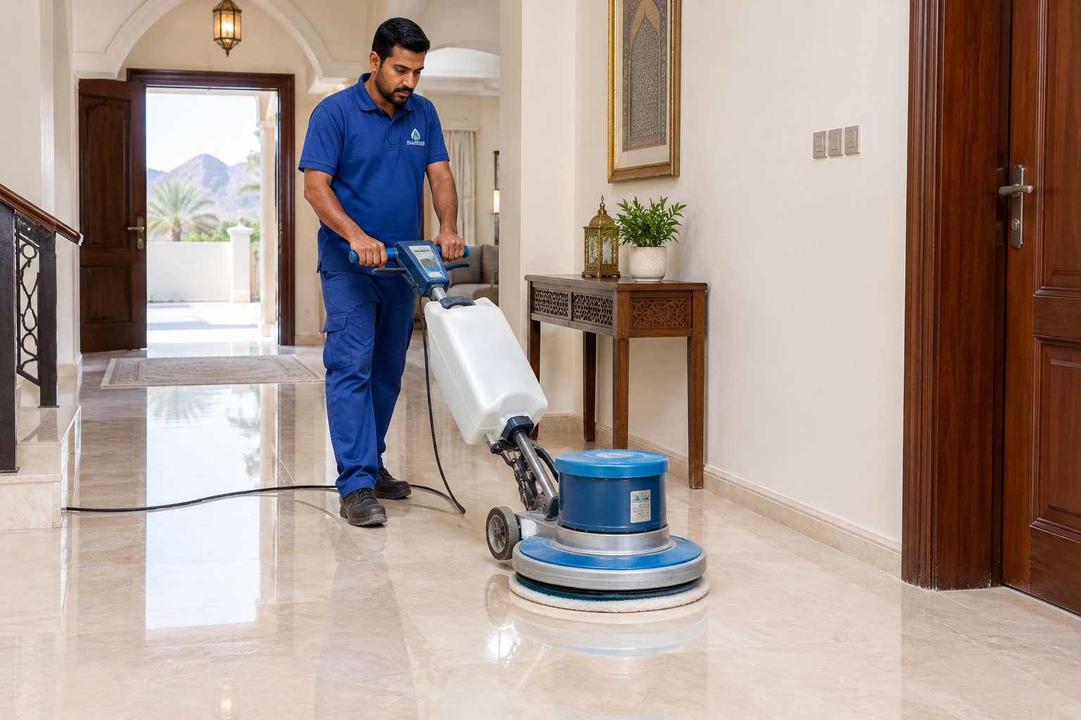 Technician polishing a beige marble floor with a professional machine in a bright Omani home hallway