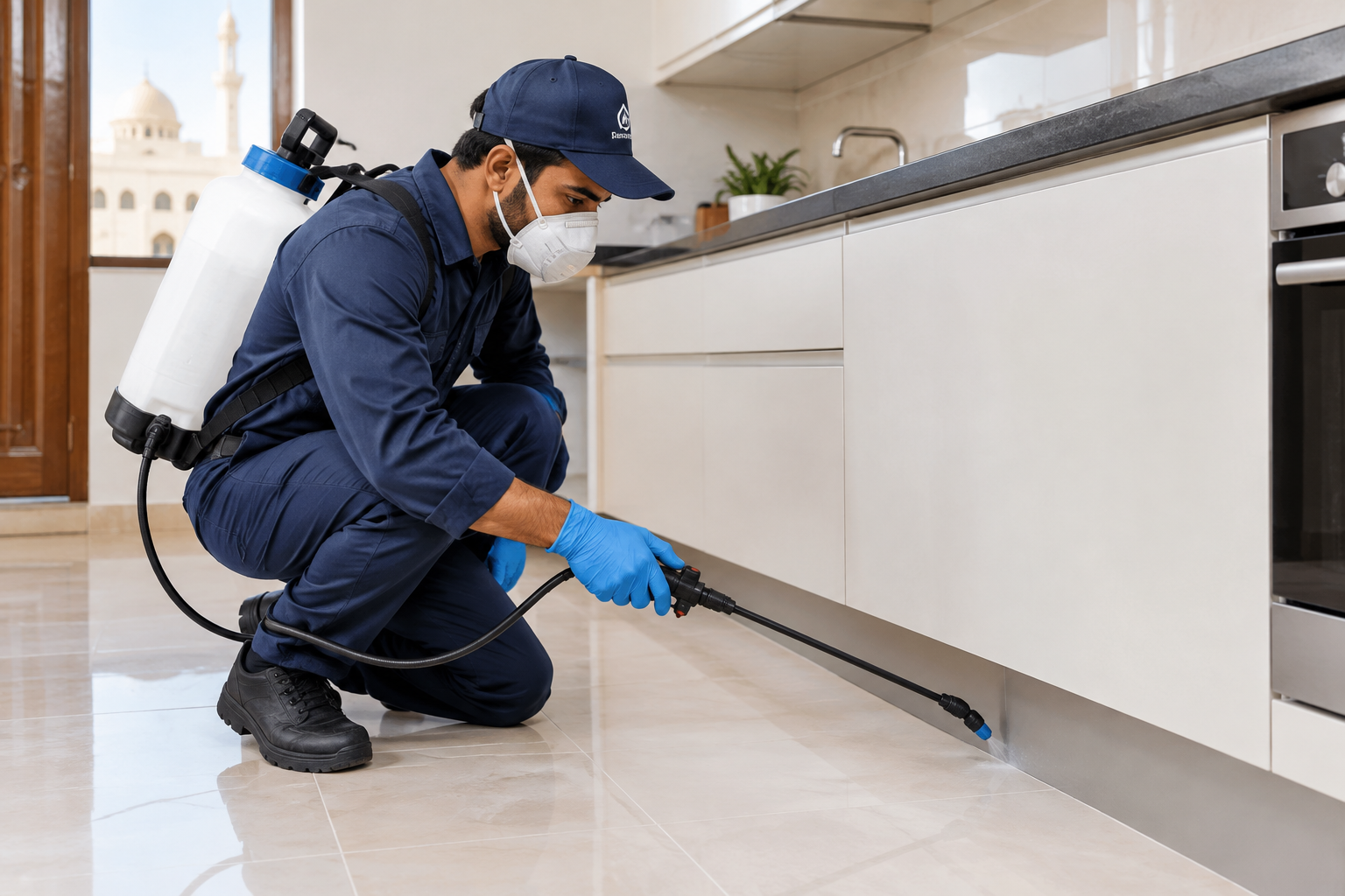 Pest control technician in protective gear spraying along a clean kitchen baseboard in a modern home