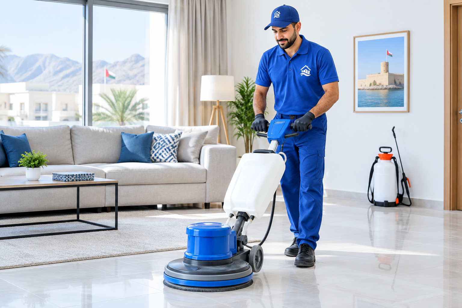 Professional cleaner in a blue uniform using modern equipment to clean a bright living room, with a subtle split cue of pest-control spray gear in the background