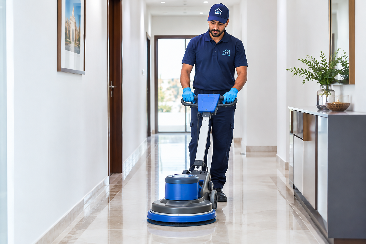 Omani cleaning professional using a modern floor-cleaning machine in a bright residential corridor, wearing safety gloves and uniform
