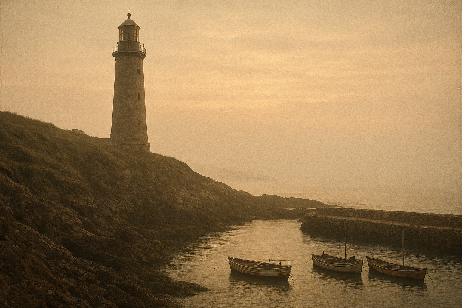Large stone lighthouse above a rugged northern harbor at dawn