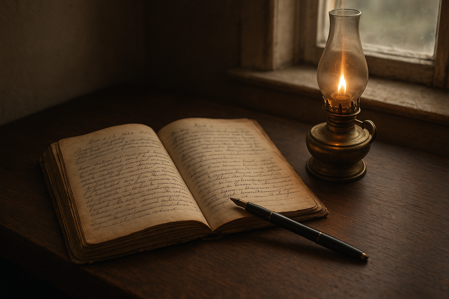 Weathered keeper logbook open beside a brass oil lamp