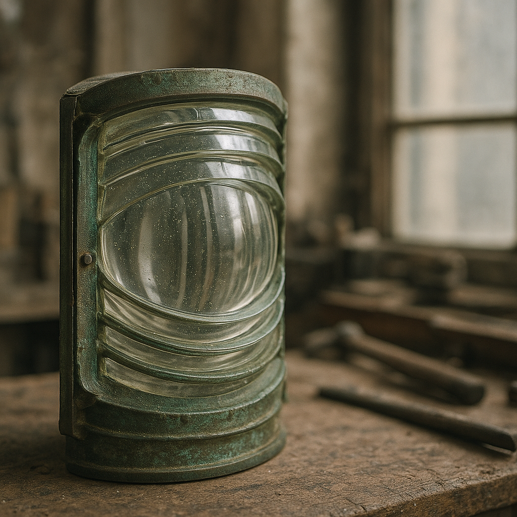 Compact Fresnel lens assembly with patina from salt air