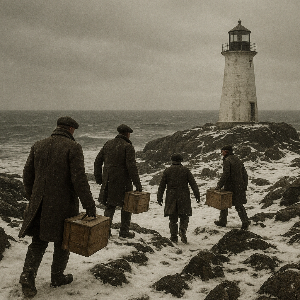 Supply crew crossing snowy rocks below an isolated lighthouse